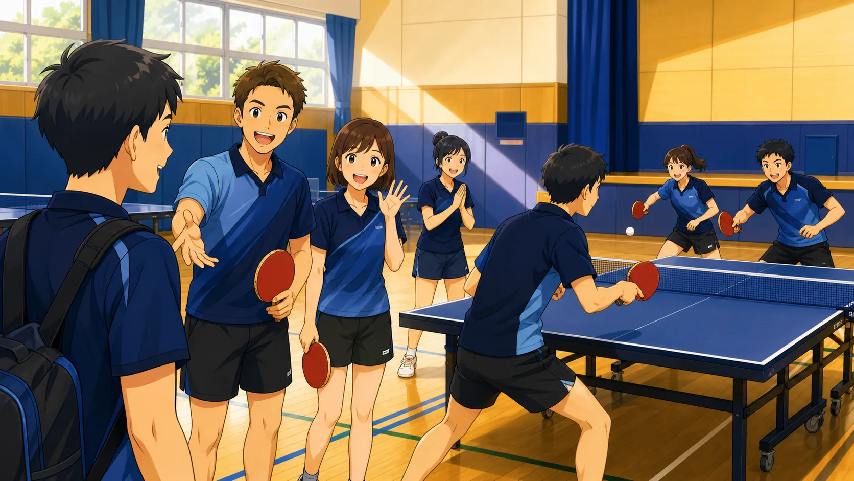 卓球サークルの初参加者を仲間が迎える、和やかなアニメ調イラスト