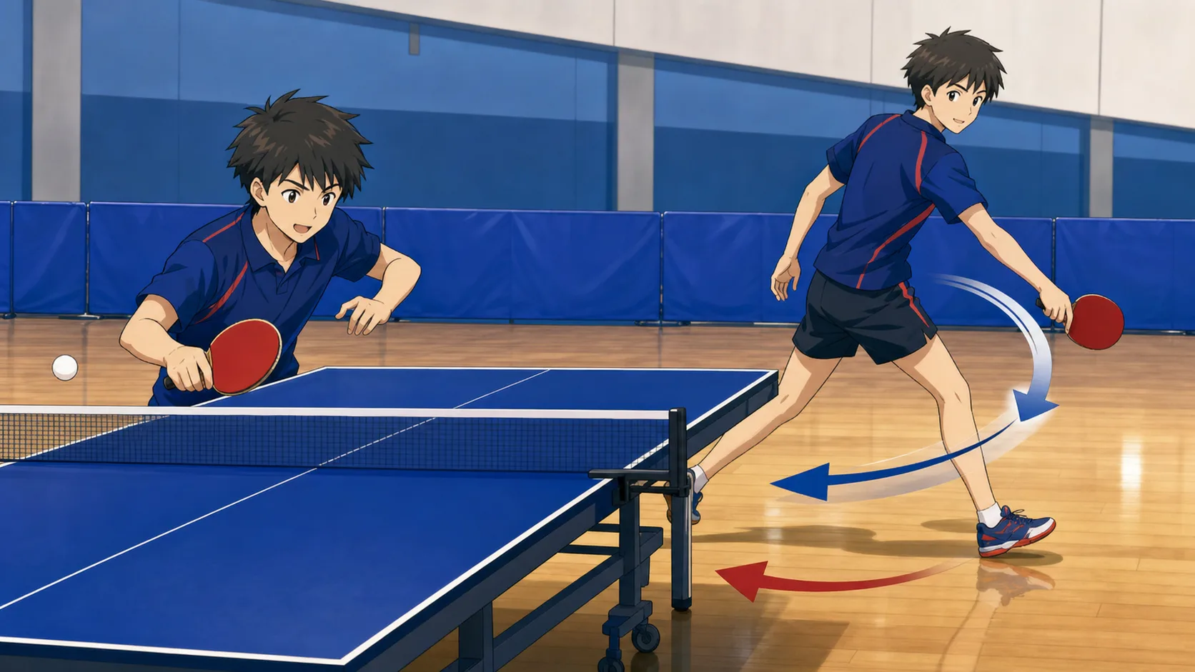 卓球ダブルスでペアの順番とサービスを確認する選手たちのアニメ調イラスト