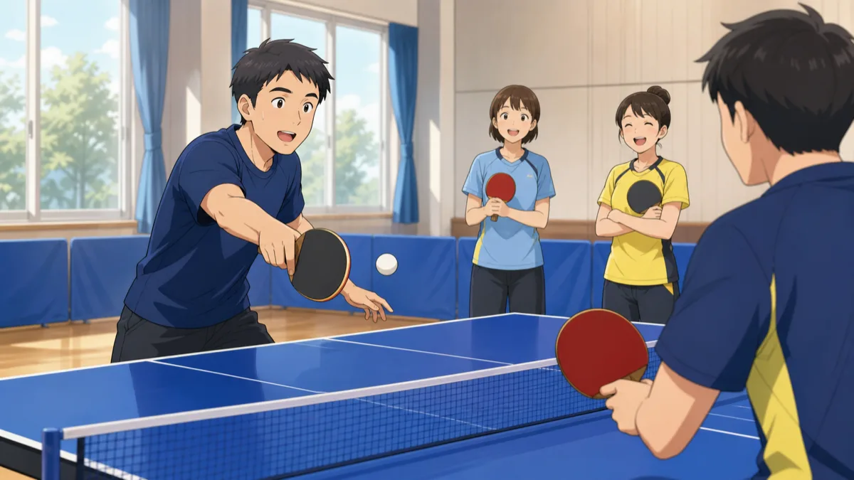 室内用シューズで卓球の練習を始める初心者のアニメ調イラスト