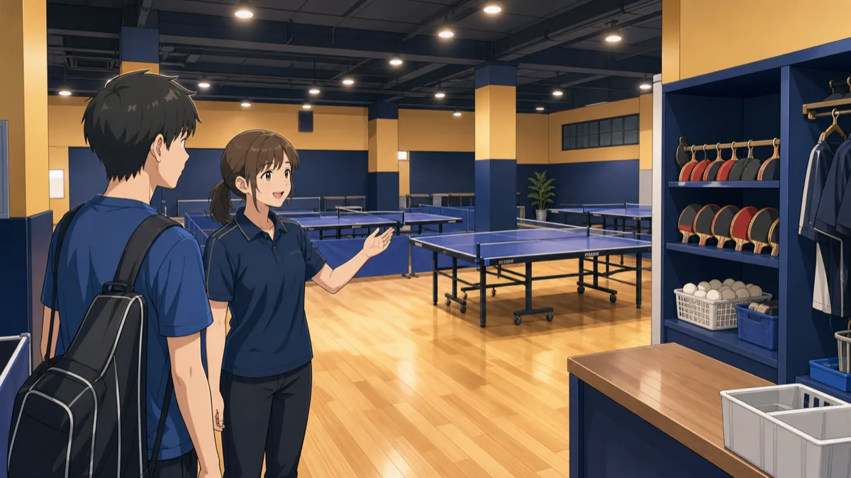 卓球台を譲り合いながら順番を守って練習するプレイヤーのアニメ調イラスト