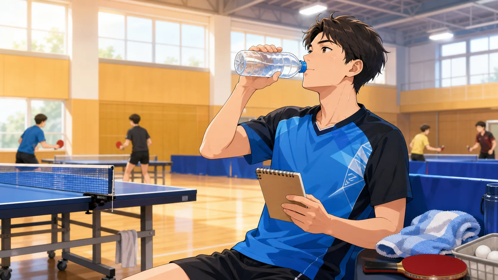 水分を取りながら無理のない卓球運動を続ける大人のアニメ調イラスト