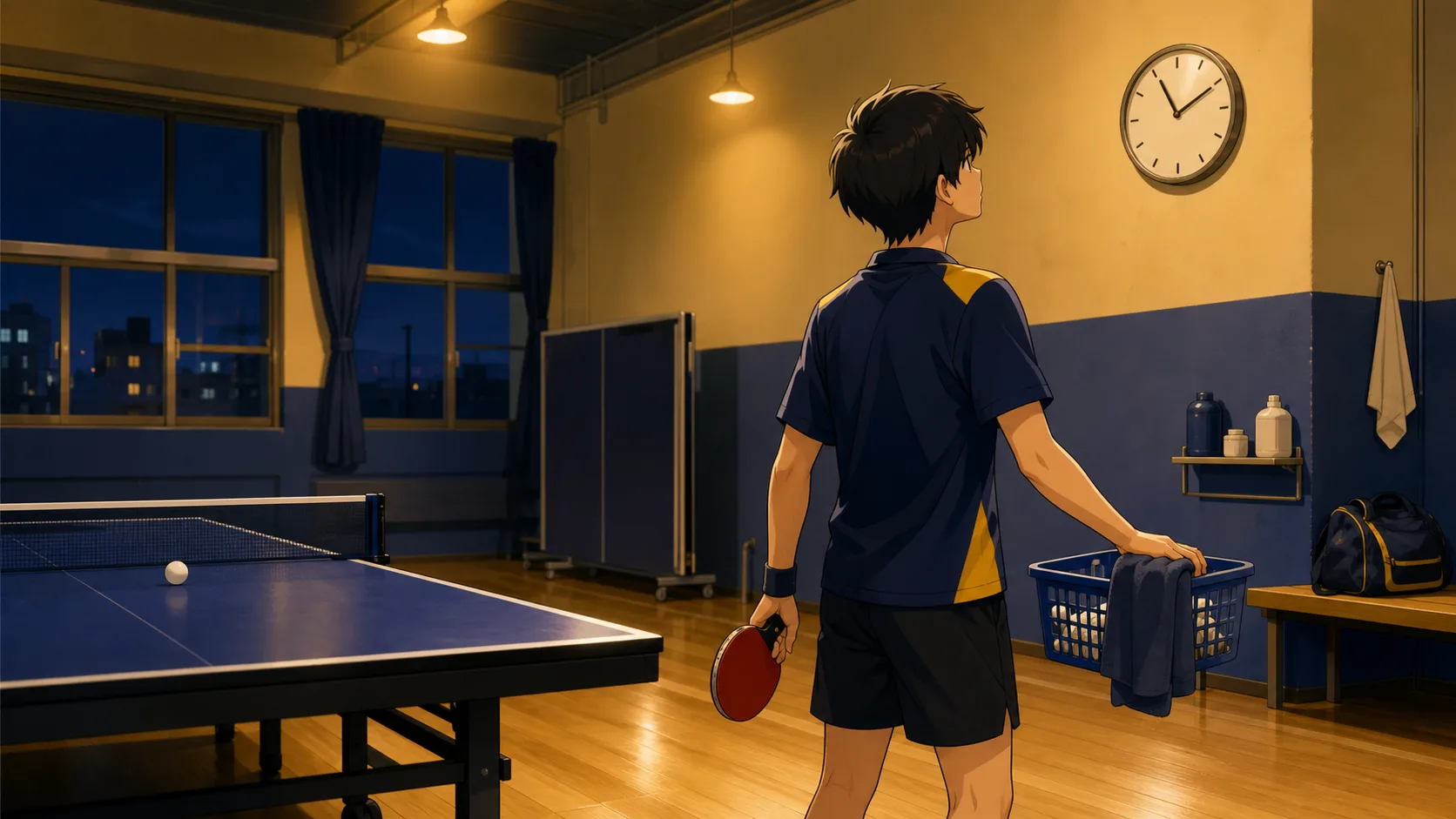 夜の卓球場で静かに練習するプレイヤーのアニメ調イラスト