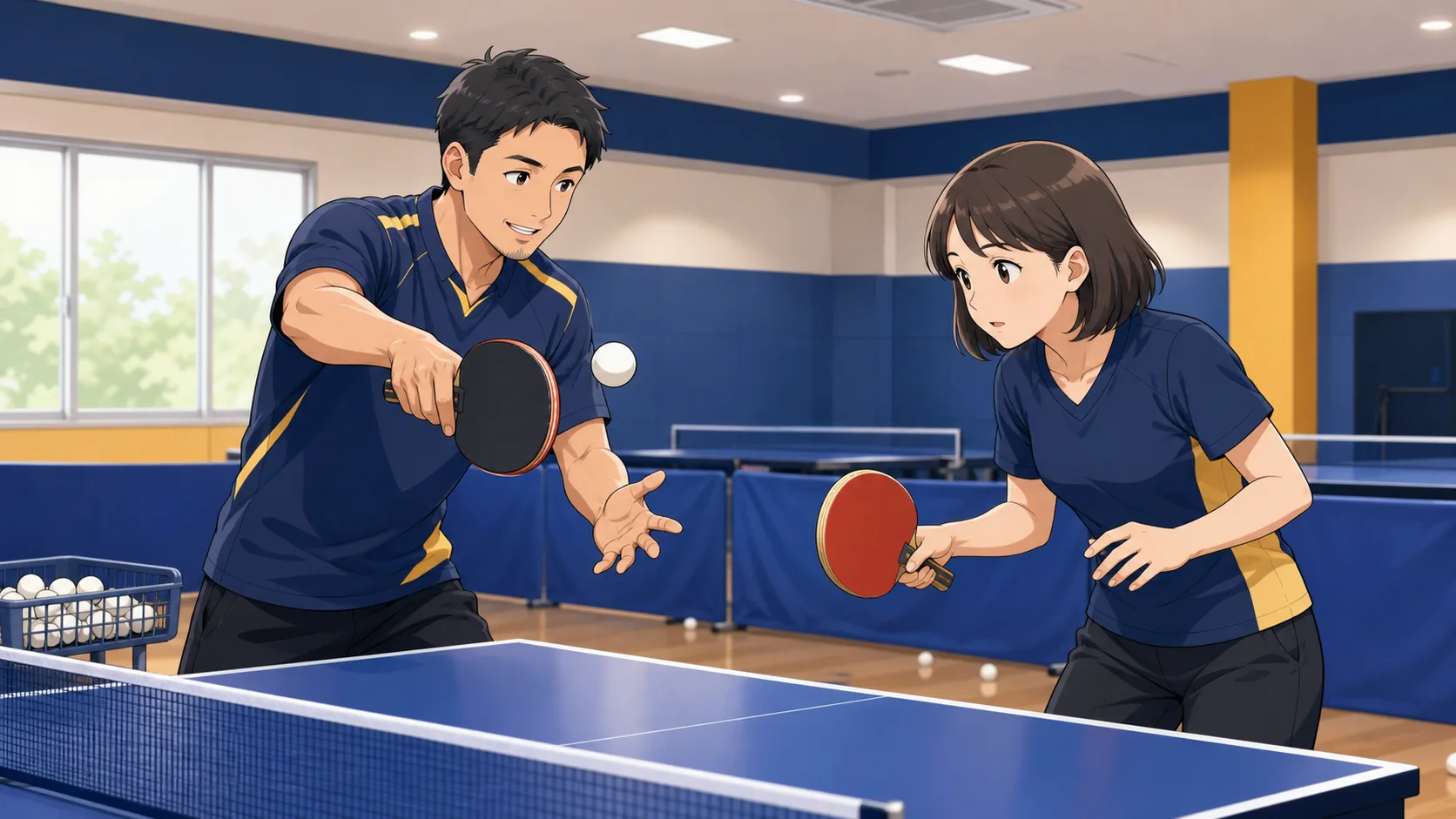 コーチの説明を聞きながら基本フォームを練習する大人の初心者のアニメ調イラスト