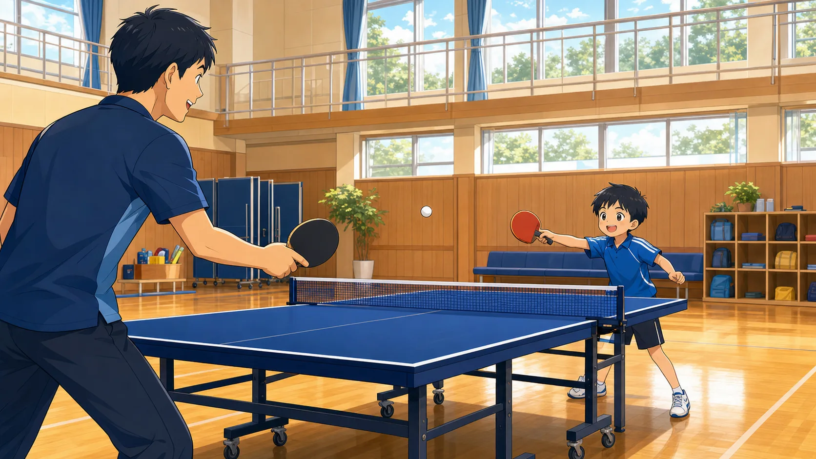 親子で安全な距離を保ちながら卓球を楽しむアニメ調イラスト