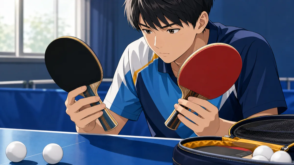 シェークハンドのグリップを握り比べる初心者のアニメ調イラスト