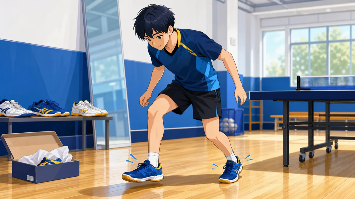 卓球シューズを履いて前後左右へ小さく動き、足の収まりを確認するアニメ調イラスト
