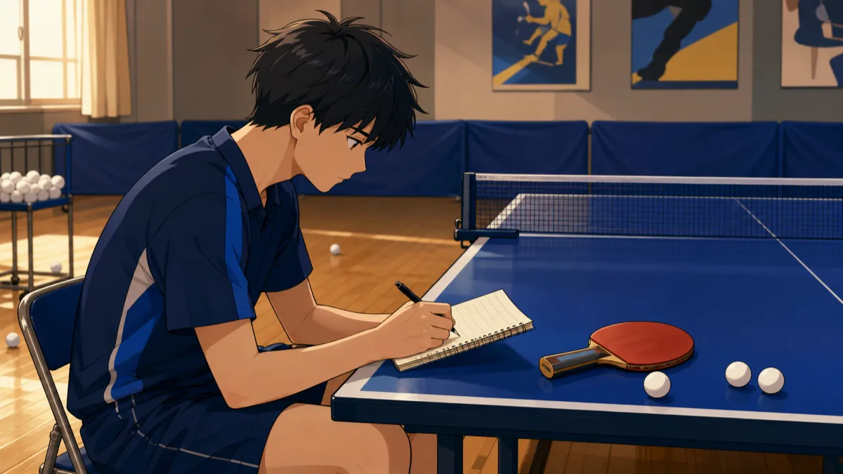 卓球のフォームを動画で確認し、ノートへ一つの課題を書く選手のアニメ調イラスト