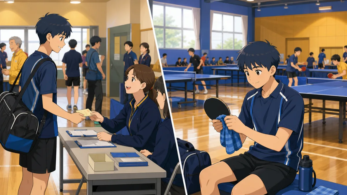 卓球大会の案内を探し、参加条件を確認する初心者のアニメ調イラスト